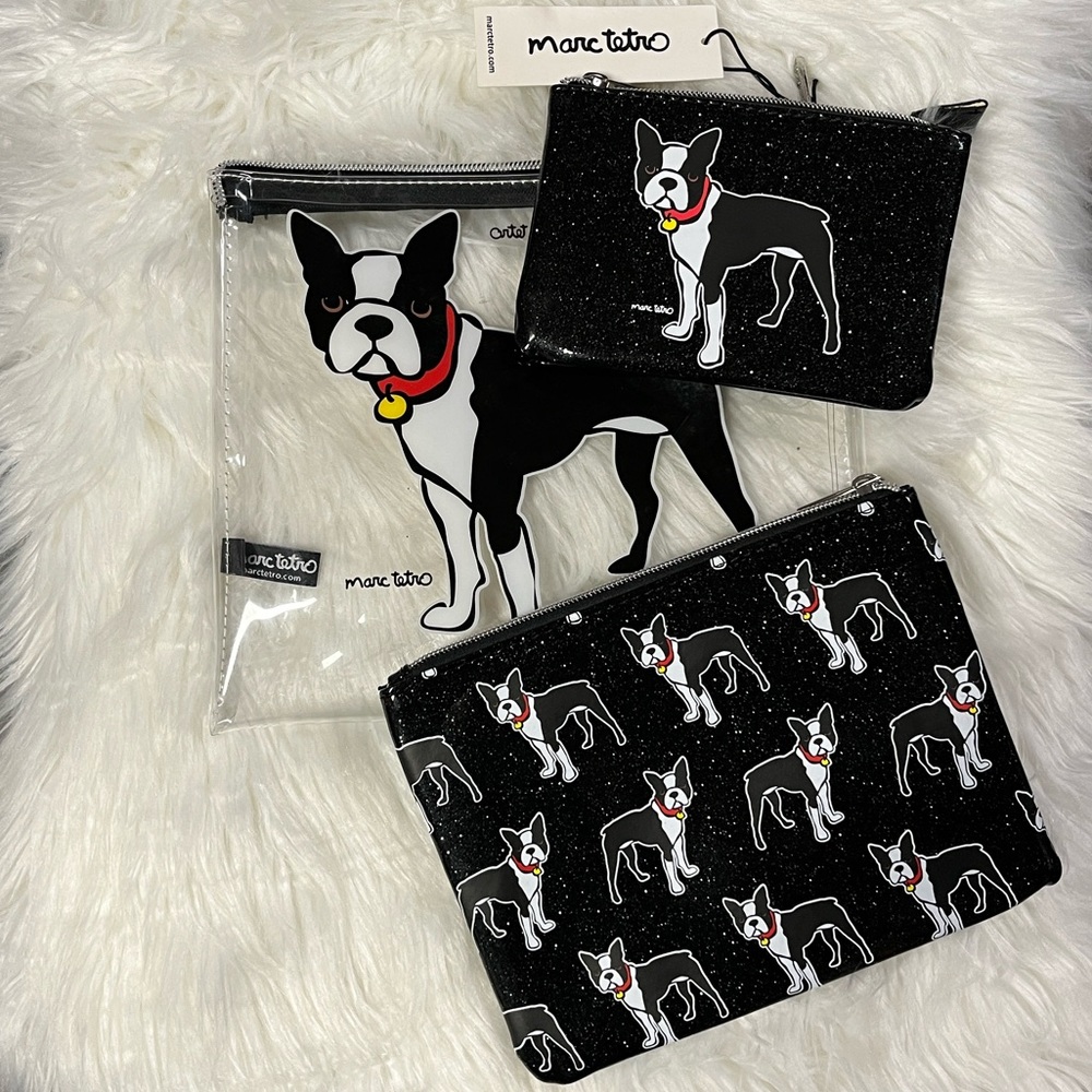 🆕Marc Tetro Boston Terrier 3pc Cosmetic Pouch Set Travel Clear Bag +2 Zip